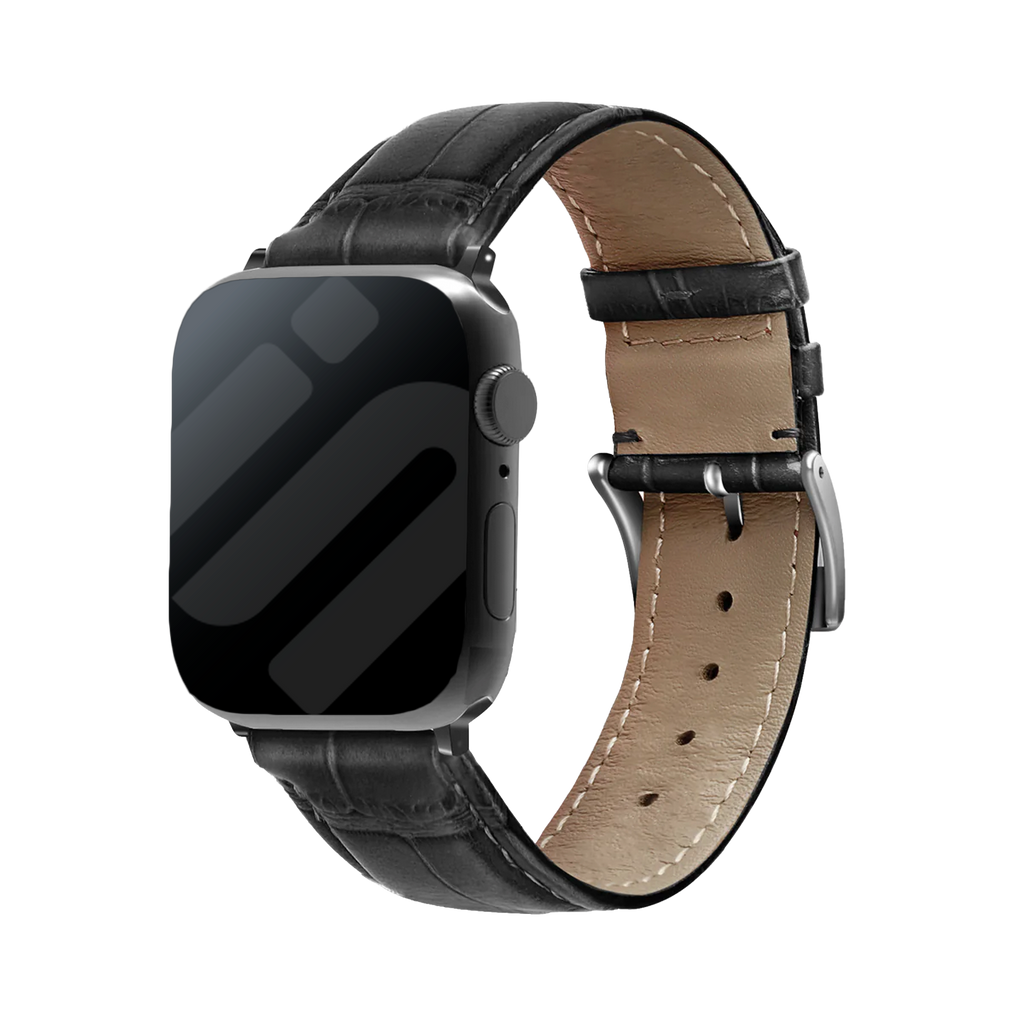 Apple Watch Black Leather Strap With Crocodile Grain Texture