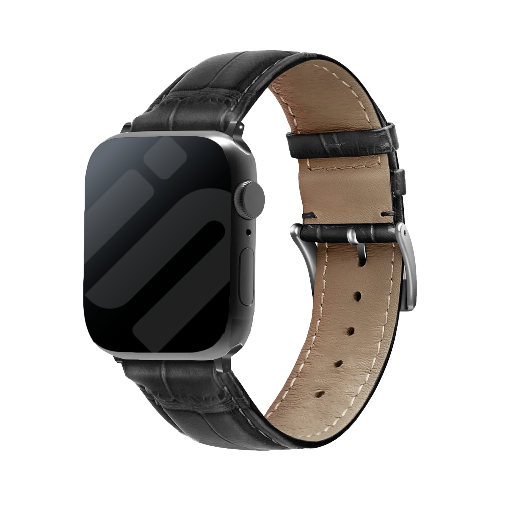 Apple Watch Black Leather Strap With Crocodile Grain Texture