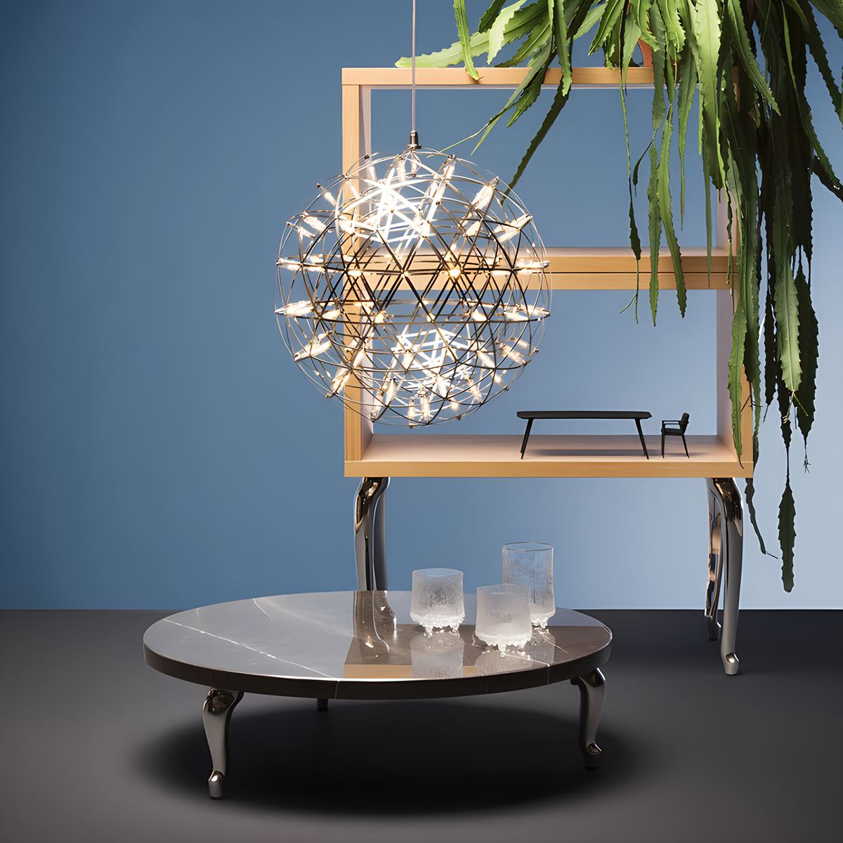 Dining Room Pendant Light With Polished Stainless Steel Sphere