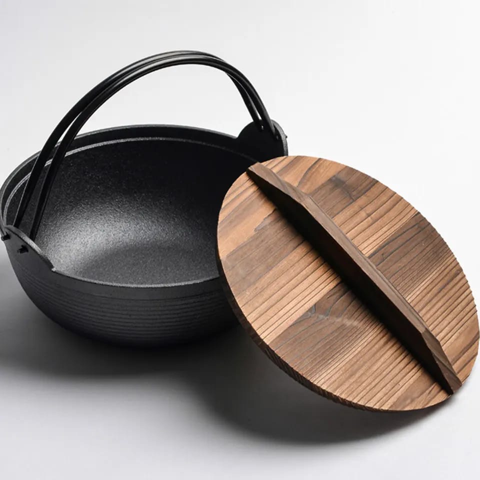 Wok Pan Made From Cast Iron With Flat Bottom And Wooden Lid For Healthy Meals