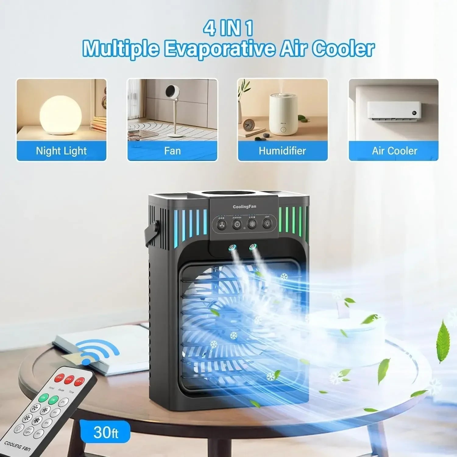 Portable Evaporative Air Cooler With Remote Control, 3-Speed Personal Cooling Fan