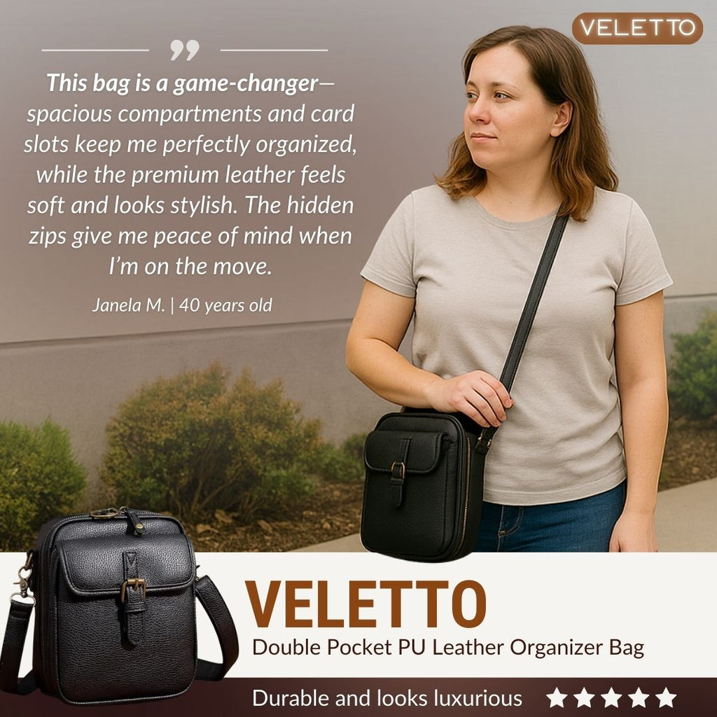 PU Leather Crossbody Bag With Dual Pockets And Zippers That Are Anti Theft