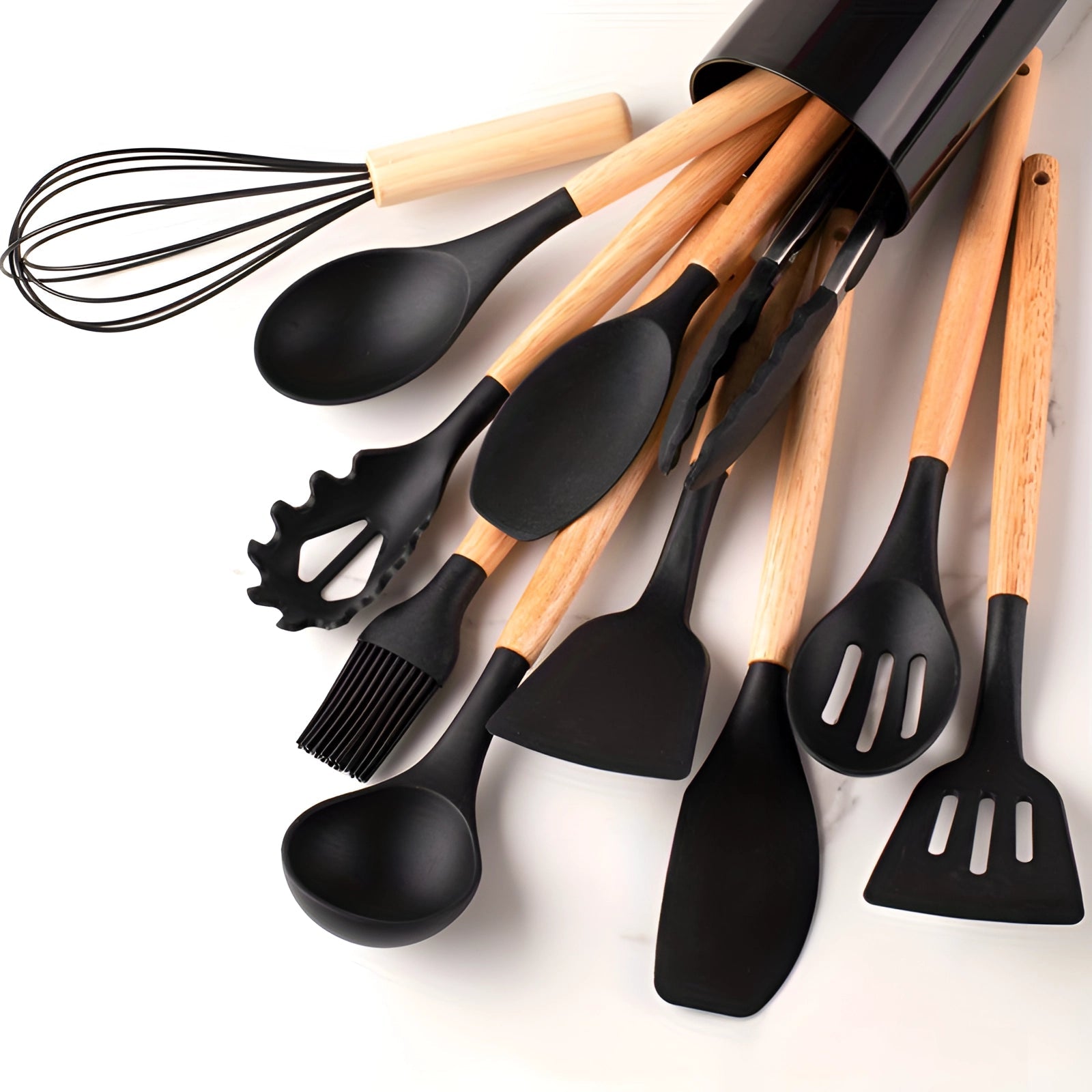 Eco-Friendly 12-Piece Silicone Utensils With Bamboo Handles