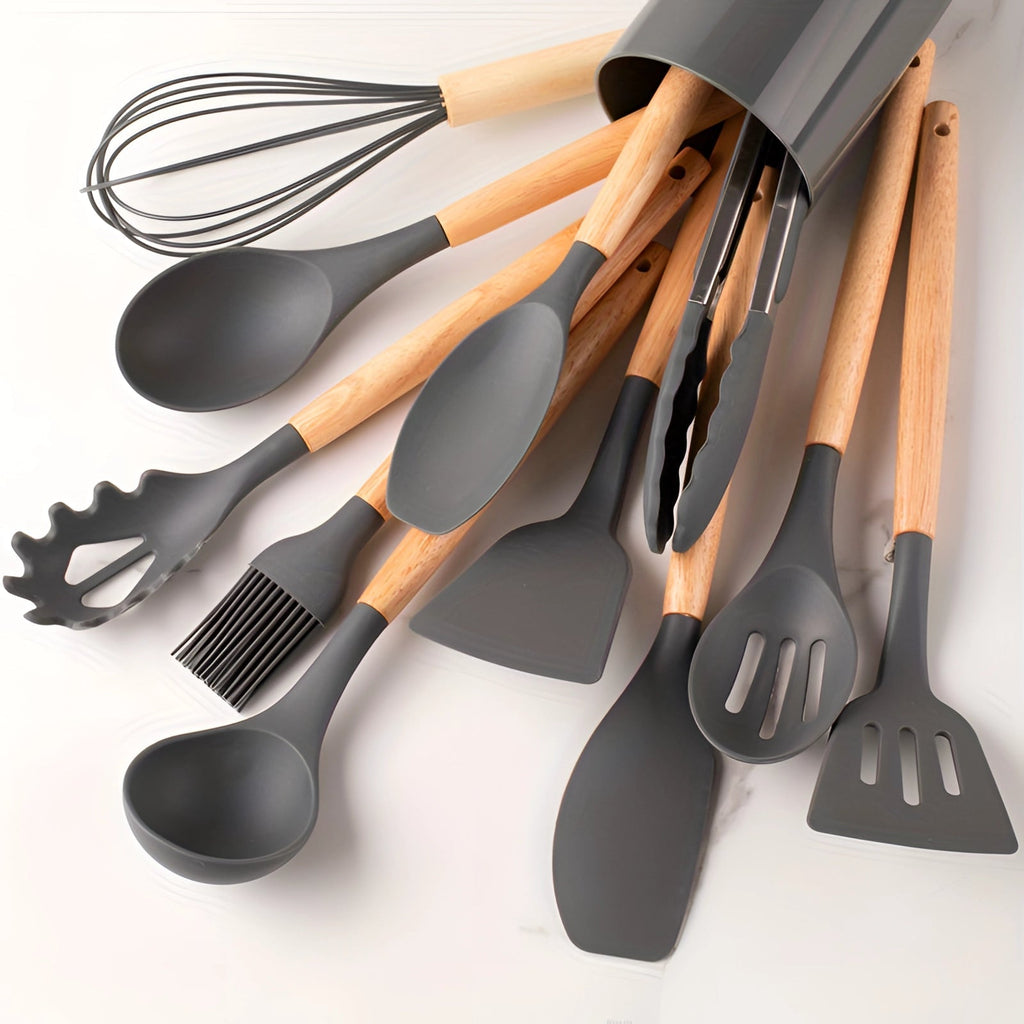 Eco-Friendly 12-Piece Silicone Utensils With Bamboo Handles