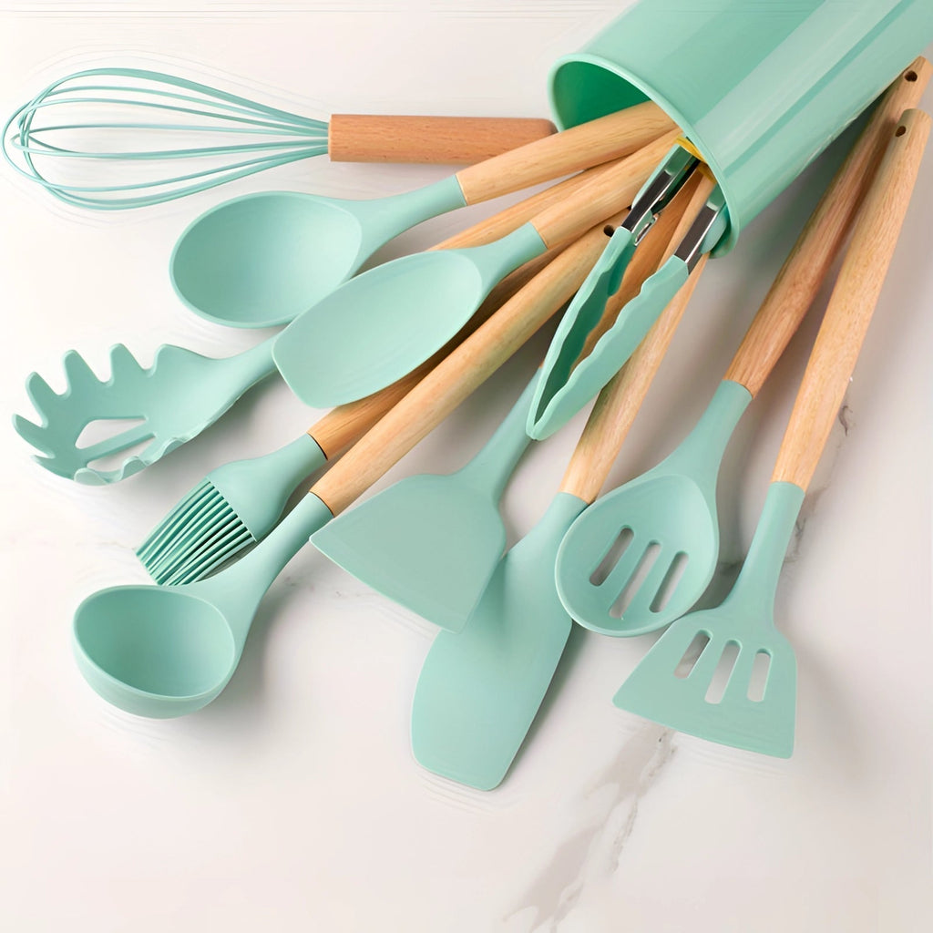 Eco-Friendly 12-Piece Silicone Utensils With Bamboo Handles