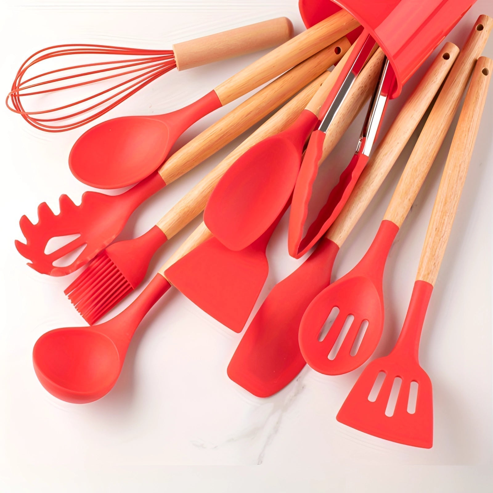 Eco-Friendly 12-Piece Silicone Utensils With Bamboo Handles