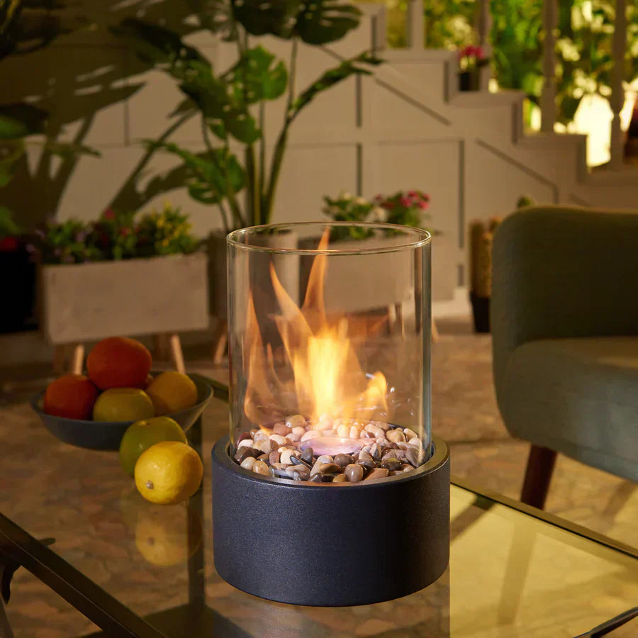 Elegant Collection Tabletop Fireplace With Cobblestone Surround Indoor Outdoor Ambience