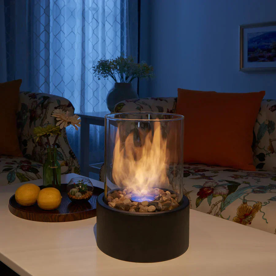 Elegant Collection Tabletop Fireplace With Cobblestone Surround Indoor Outdoor Ambience