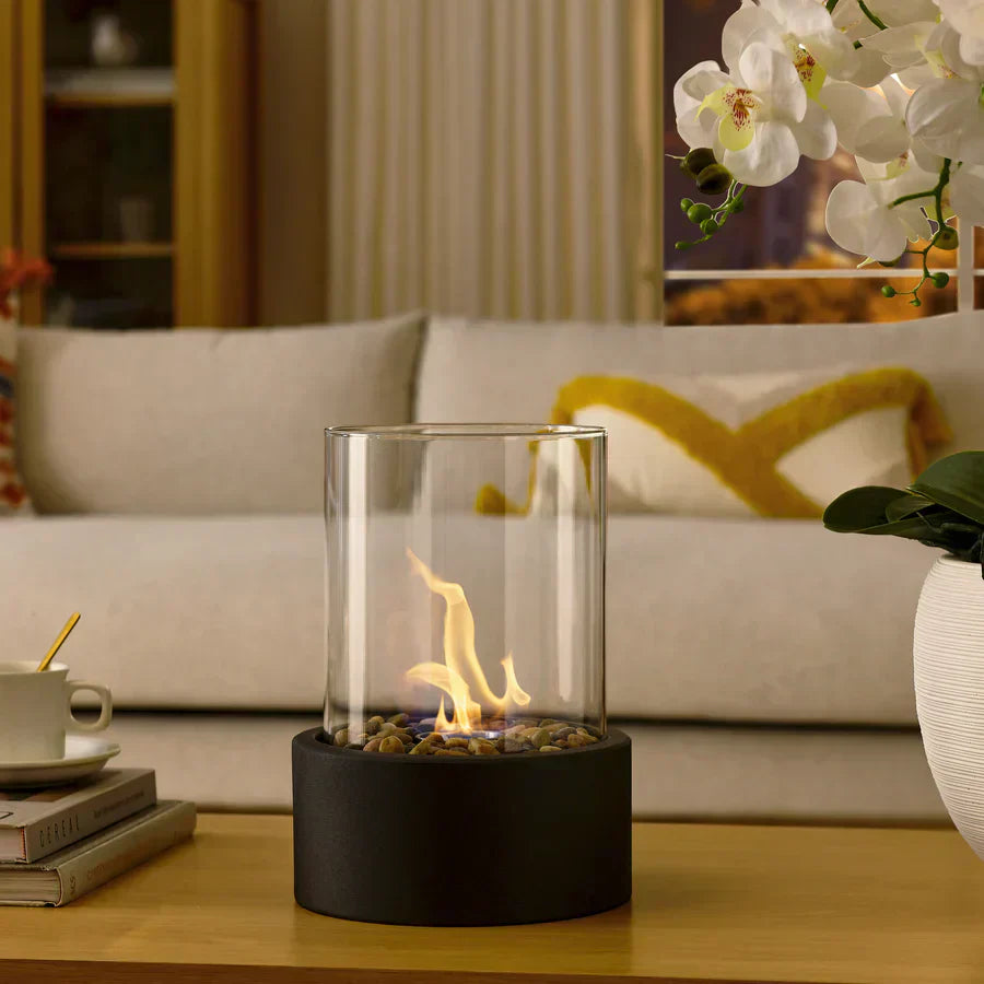 Elegant Collection Tabletop Fireplace With Cobblestone Surround Indoor Outdoor Ambience