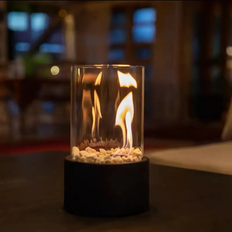 Elegant Collection Tabletop Fireplace With Cobblestone Surround Indoor Outdoor Ambience