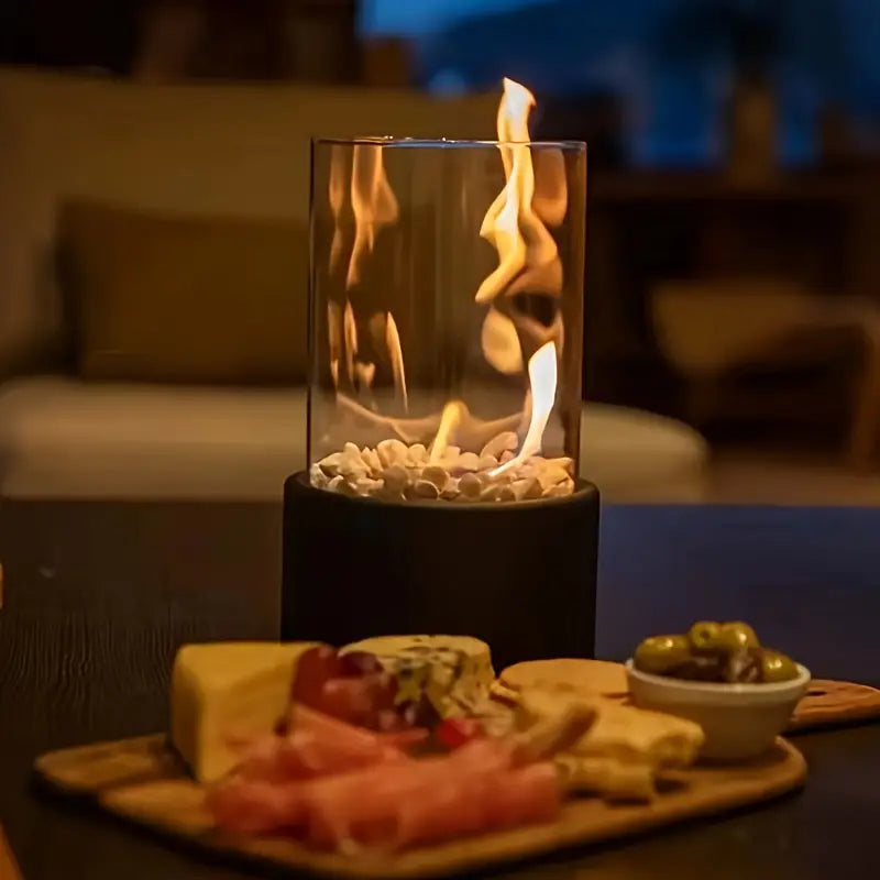 Elegant Collection Tabletop Fireplace With Cobblestone Surround Indoor Outdoor Ambience