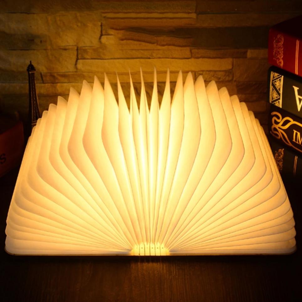 Foldable Book Lamp With Wooden Cover And Adjustable Angles Night Light