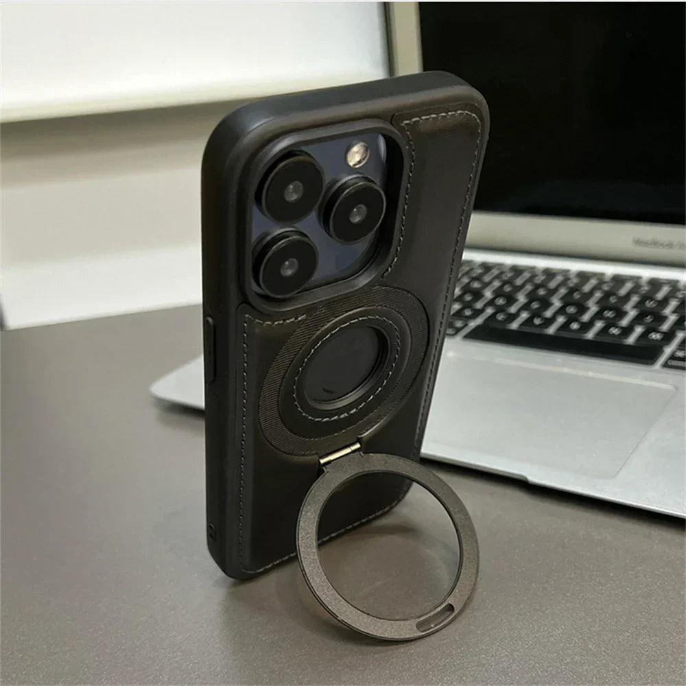 MagSafe Leather Case With Fold Out Ring Stand For Enhanced Protection