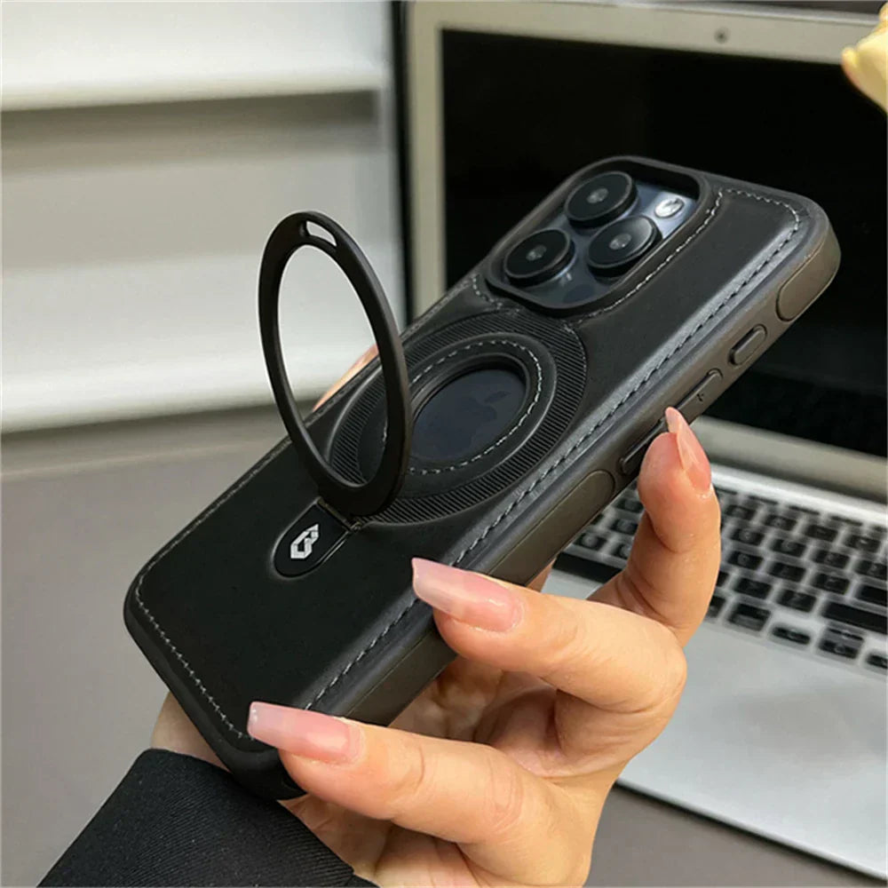 MagSafe Leather Case With Fold Out Ring Stand For Enhanced Protection