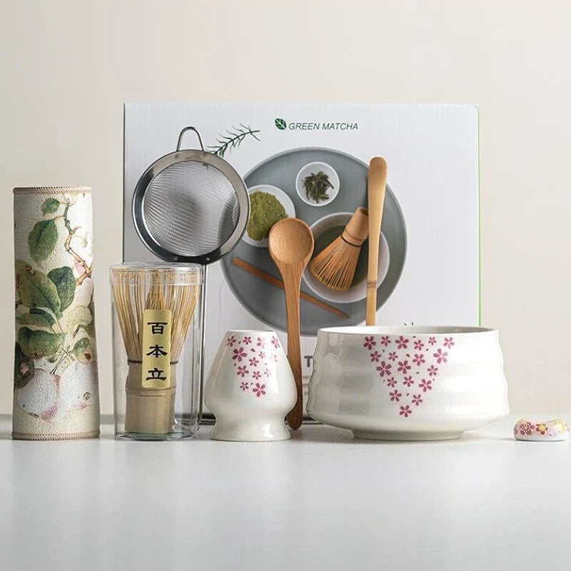 Eight-Piece Matcha Kit With Ceramic Cup And Whisk, Bamboo Frother