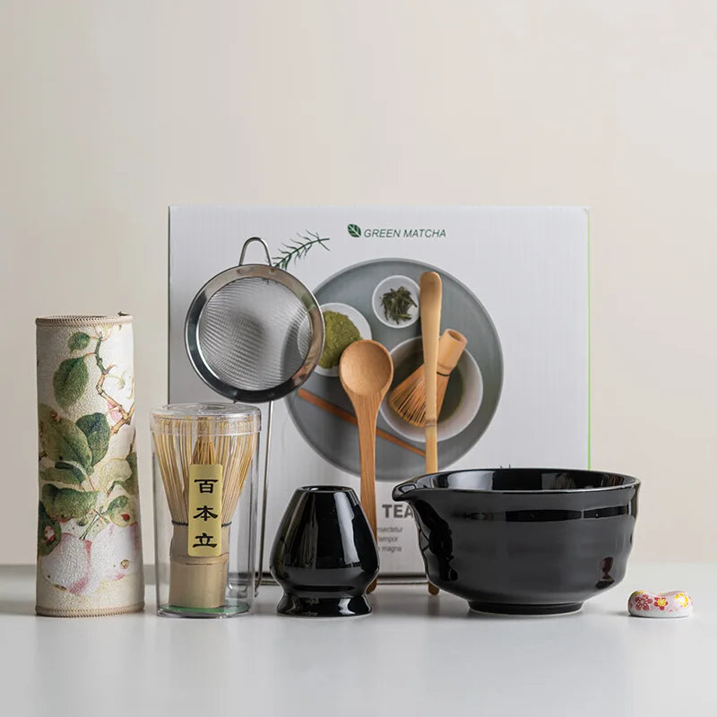 Eight-Piece Matcha Kit With Ceramic Cup And Whisk, Bamboo Frother
