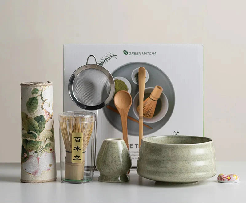 Eight-Piece Matcha Kit With Ceramic Cup And Whisk, Bamboo Frother