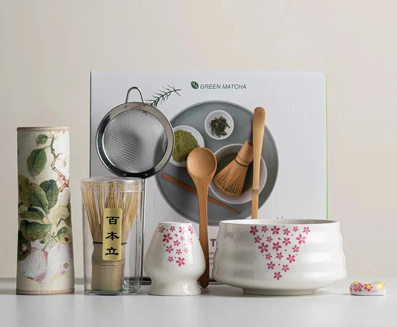 Eight-Piece Matcha Kit With Ceramic Cup And Whisk, Bamboo Frother