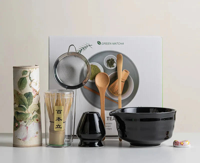 Eight-Piece Matcha Kit With Ceramic Cup And Whisk, Bamboo Frother