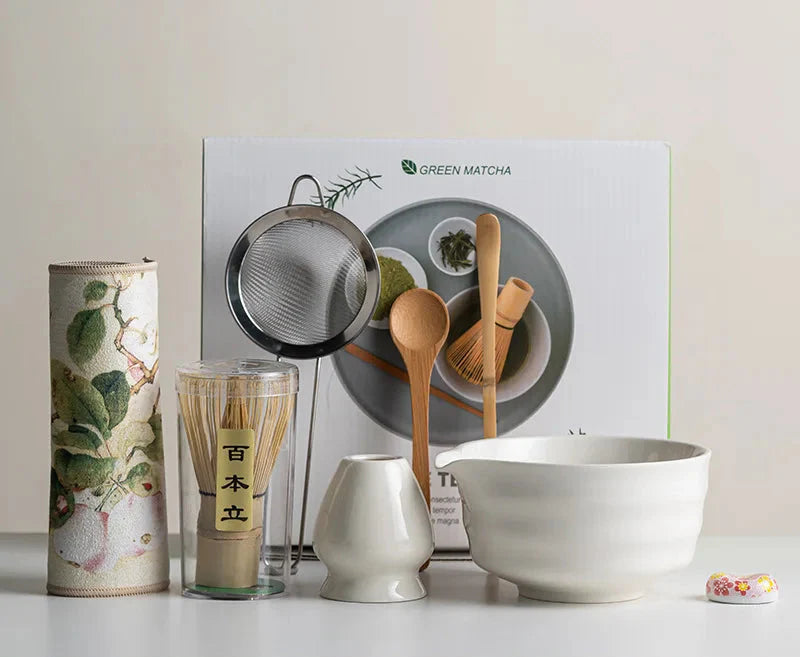 Eight-Piece Matcha Kit With Ceramic Cup And Whisk, Bamboo Frother