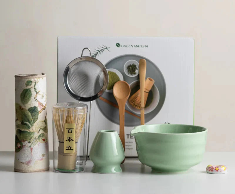 Eight-Piece Matcha Kit With Ceramic Cup And Whisk, Bamboo Frother