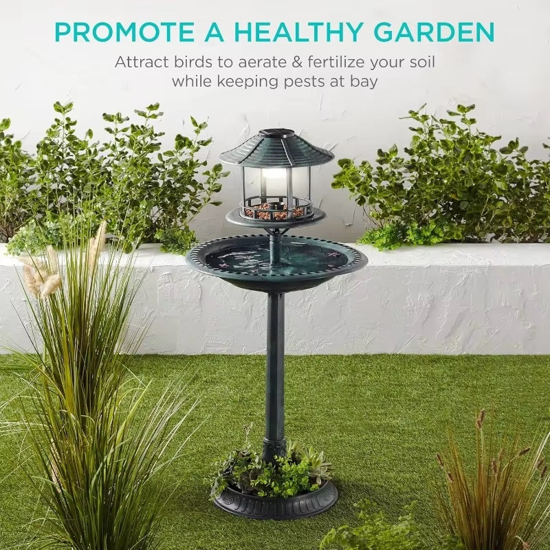 Solar Bird Bath Fountain With Built In Planter And LED Light For Eco Friendly Gardens
