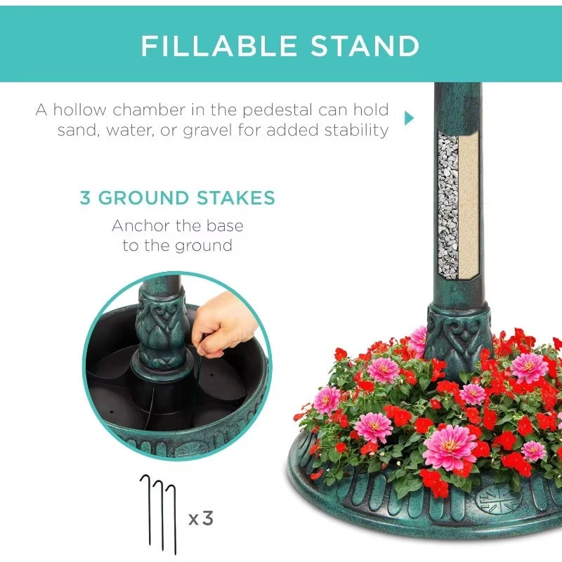 Solar Bird Bath Fountain With Built In Planter And LED Light For Eco Friendly Gardens