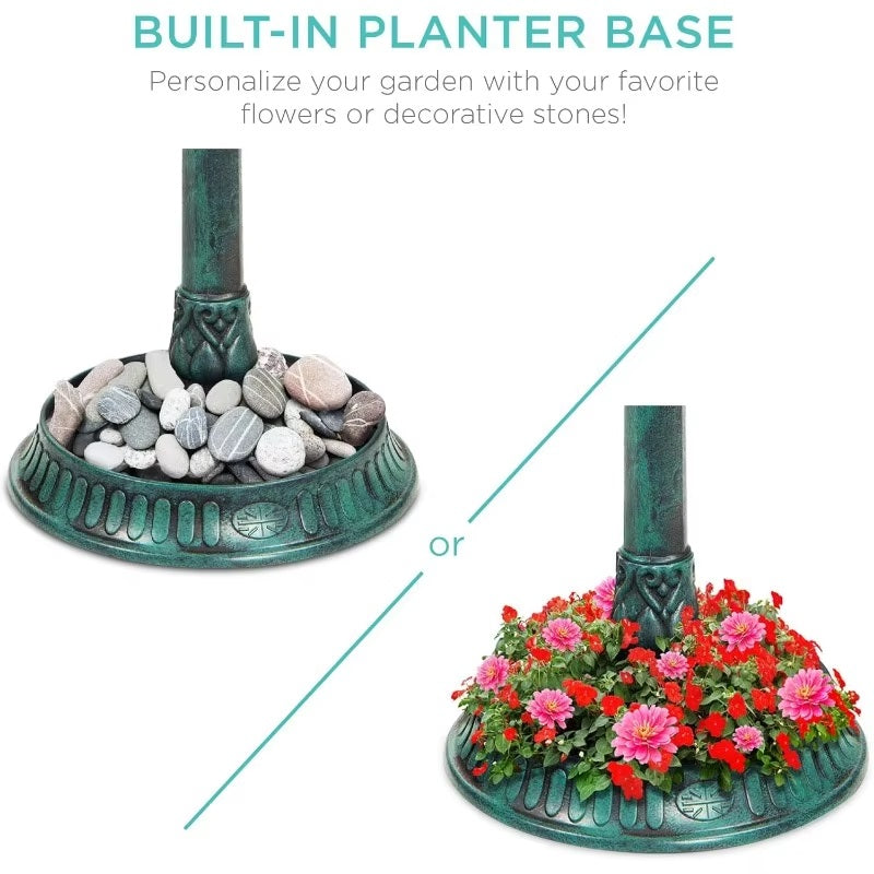 Solar Bird Bath Fountain With Built In Planter And LED Light For Eco Friendly Gardens