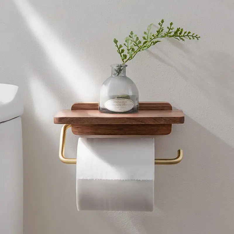 Walnut Roll Holder For Toilet With Brass Shelf For Modern Bathrooms