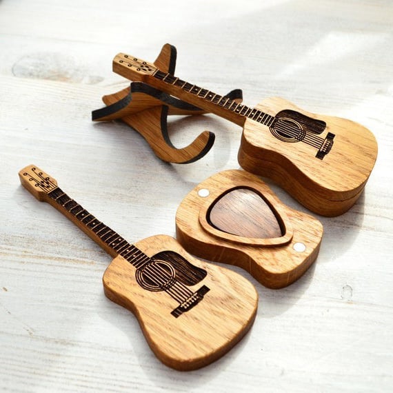 Guitar Pick Box Made Of Wood With Engraved Design And Stand For Personal Gifts