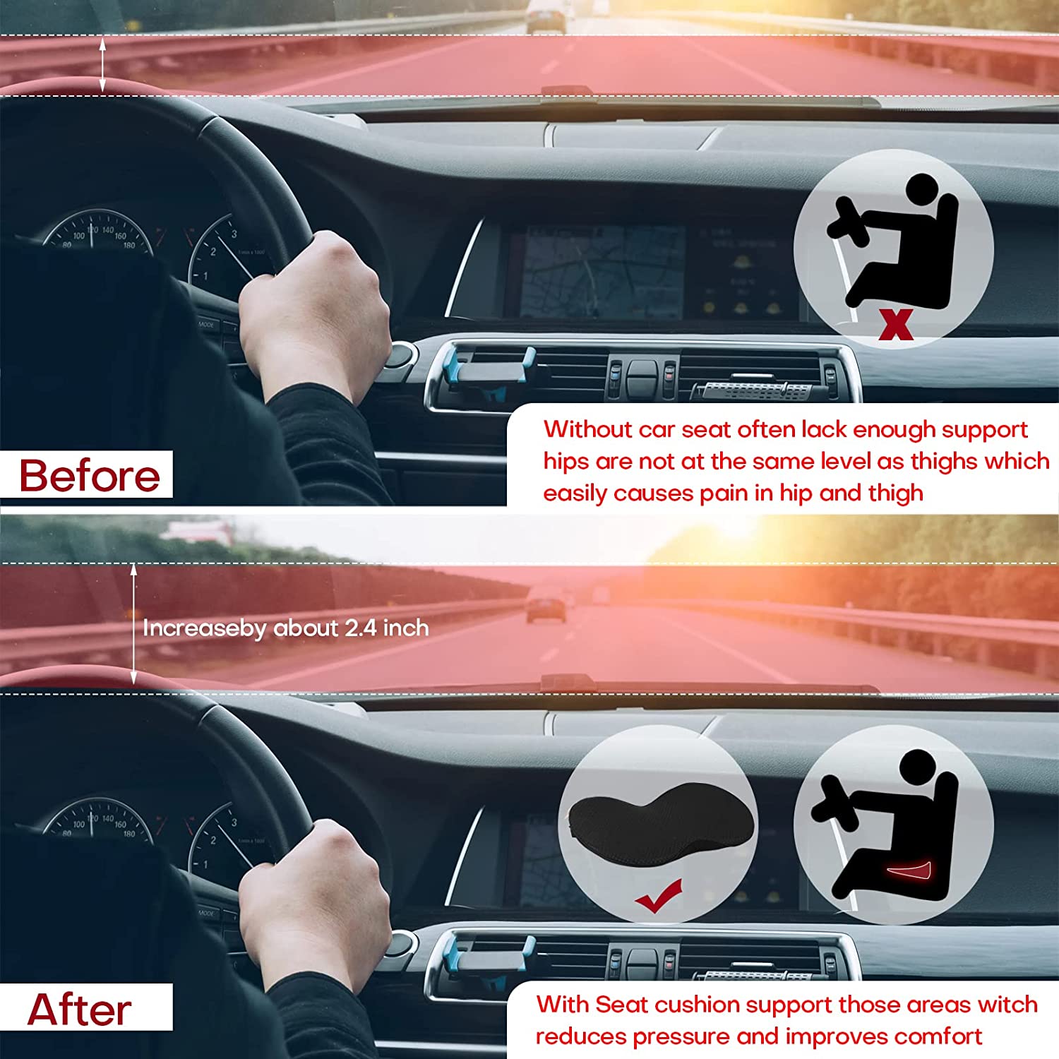 Height Boost Seat Cushion With Non Slip Base For Clearer Driving Visibility