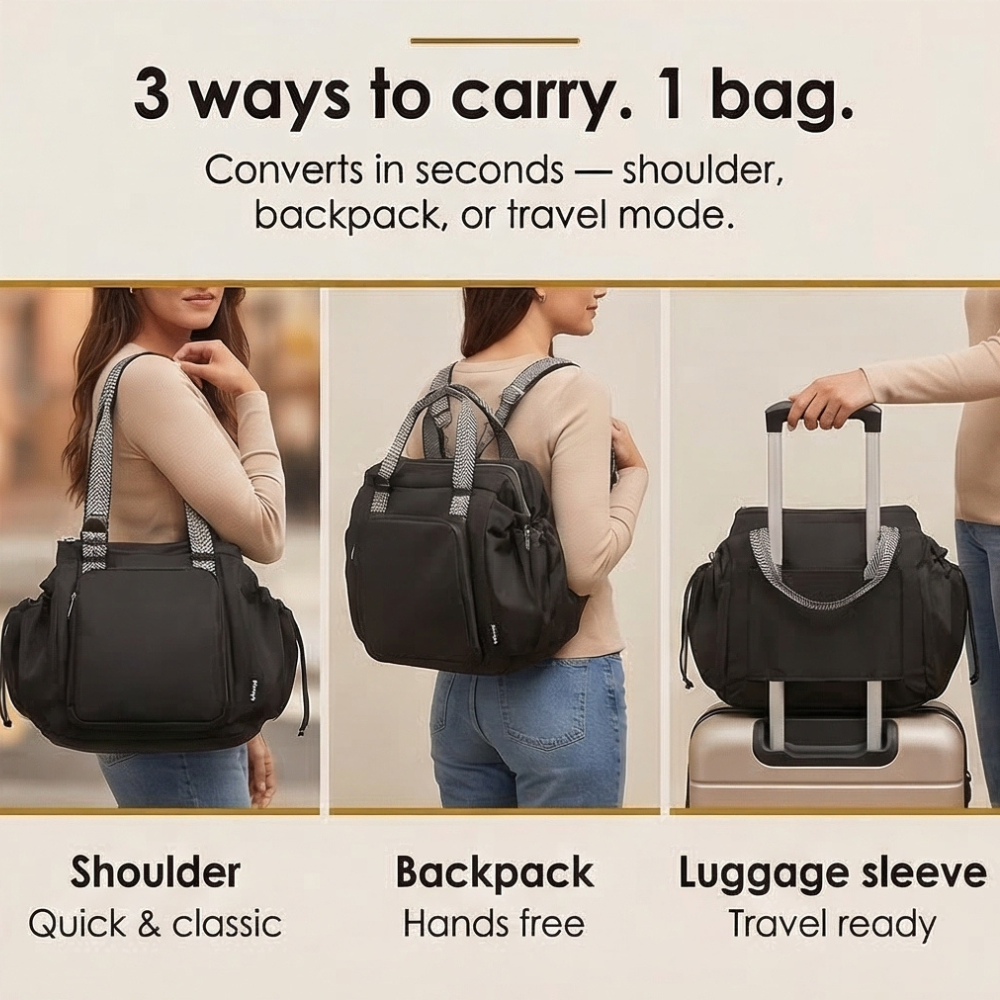Lightweight Tote Bag With 15-Pocket Design And Convertible Straps For Easy Organization