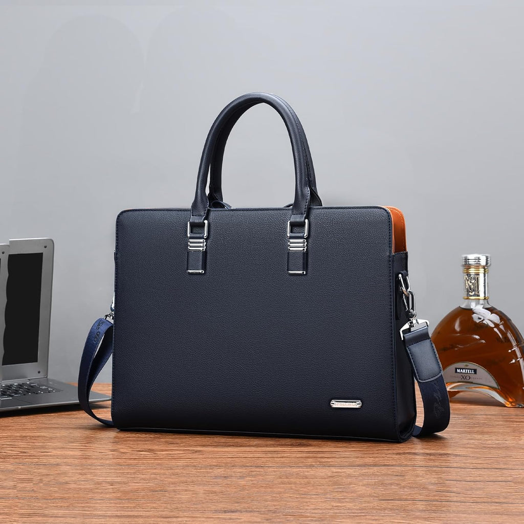 Executive Leather Briefcase With Multi Pocket Design And Padded Handles For Laptops