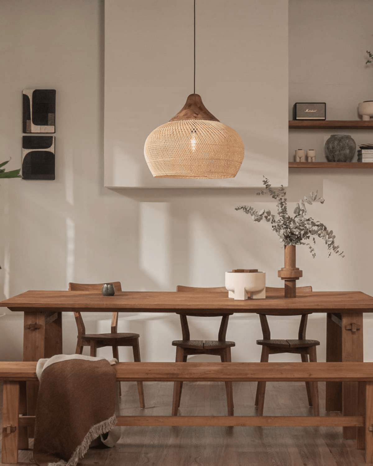 Levana Pendant Light In Rattan Fabric With Wood Trim For Modern Home Decor