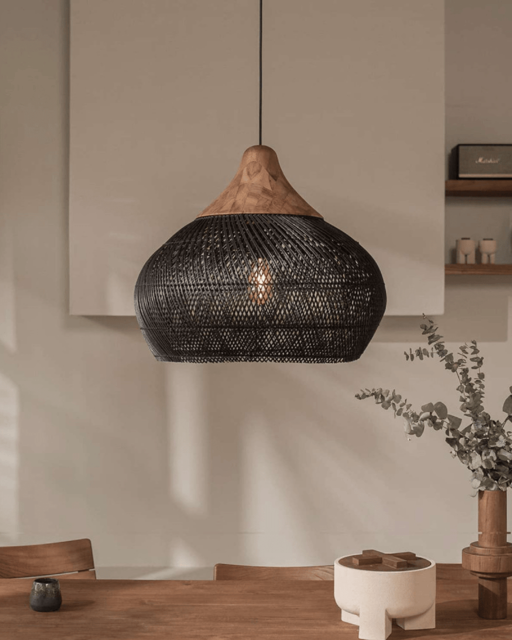 Levana Pendant Light In Rattan Fabric With Wood Trim For Modern Home Decor