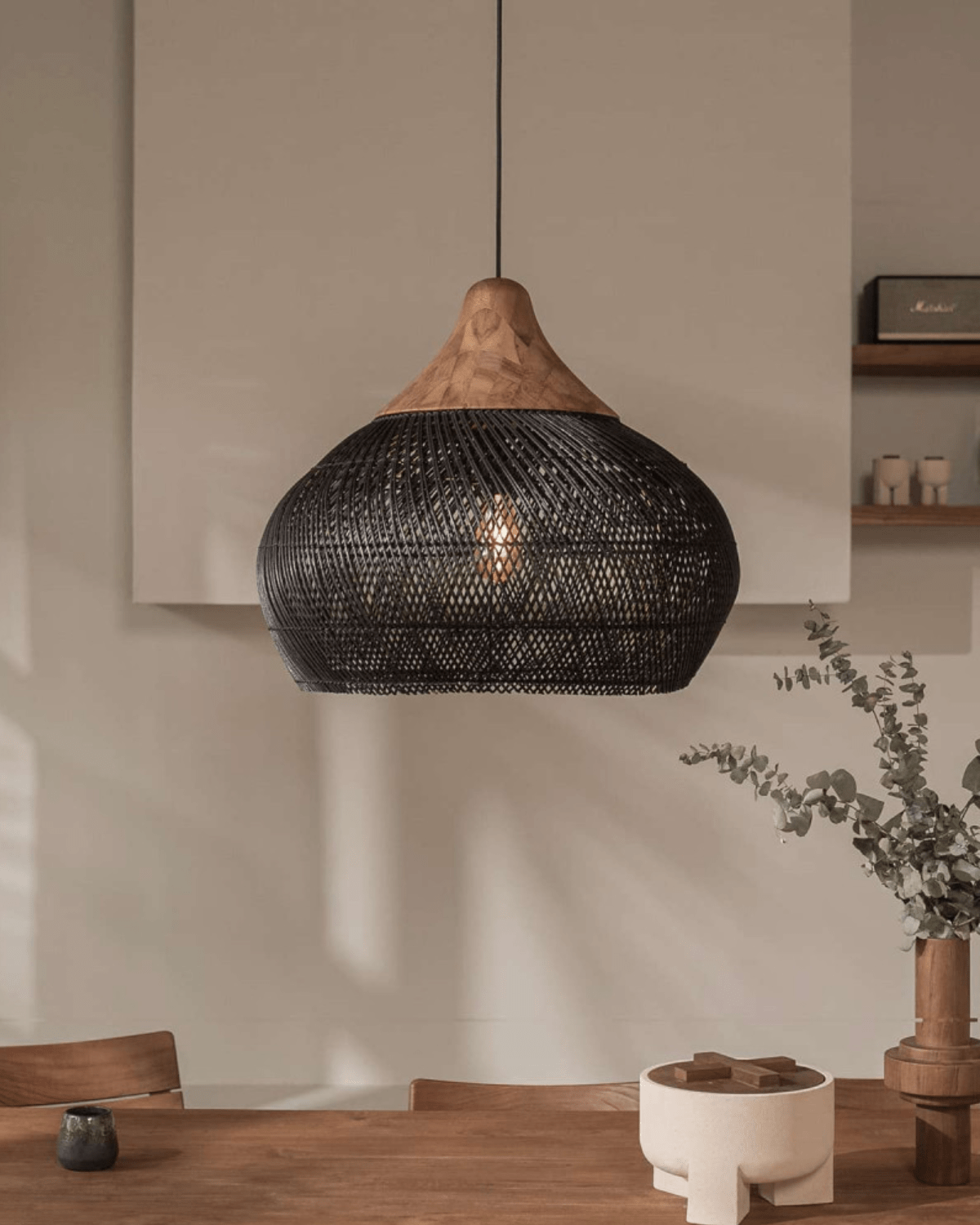 Levana Pendant Light In Rattan Fabric With Wood Trim For Modern Home Decor