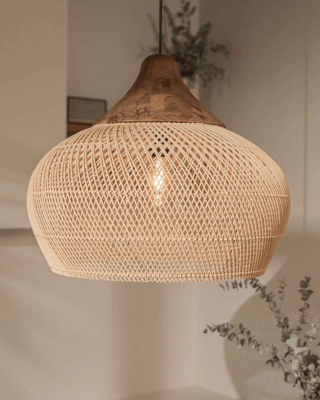 Levana Pendant Light In Rattan Fabric With Wood Trim For Modern Home Decor
