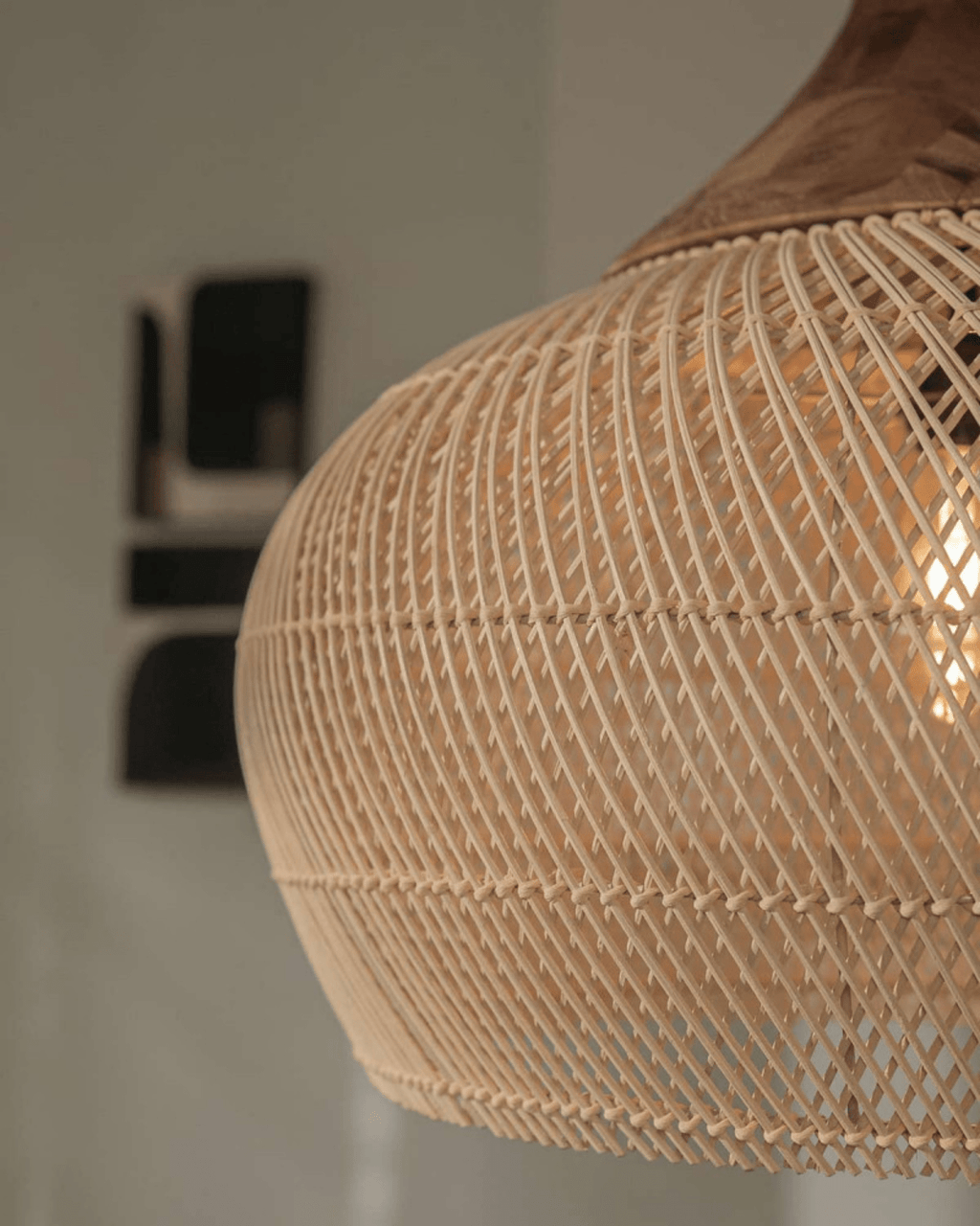 Levana Pendant Light In Rattan Fabric With Wood Trim For Modern Home Decor