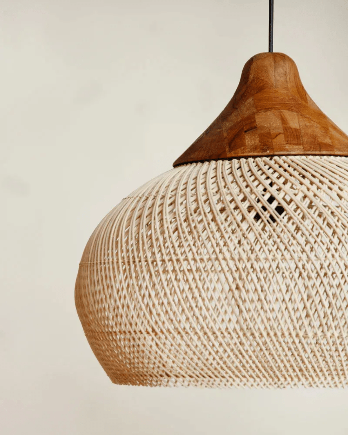 Levana Pendant Light In Rattan Fabric With Wood Trim For Modern Home Decor