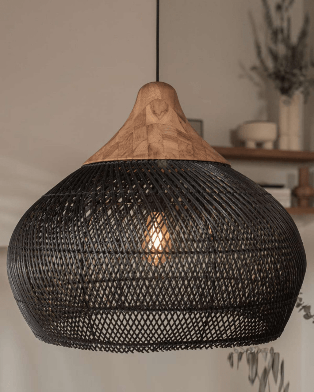 Levana Pendant Light In Rattan Fabric With Wood Trim For Modern Home Decor