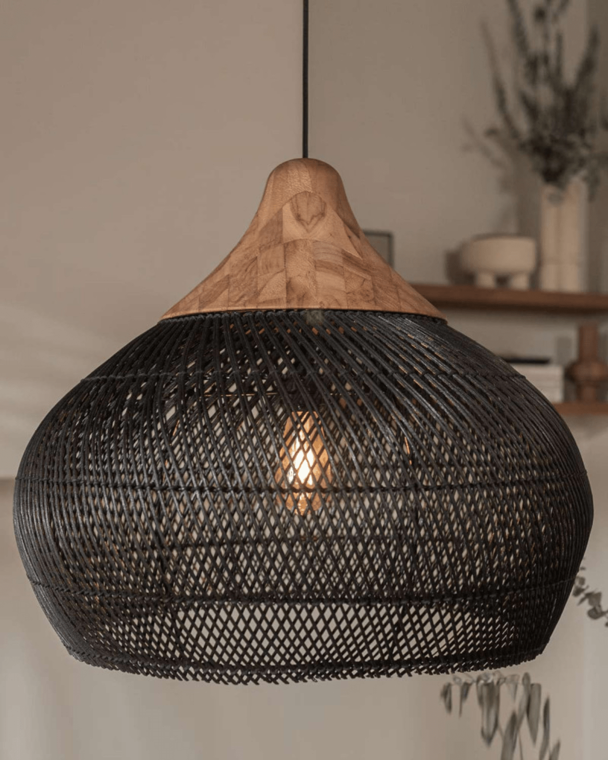 Levana Pendant Light In Rattan Fabric With Wood Trim For Modern Home Decor