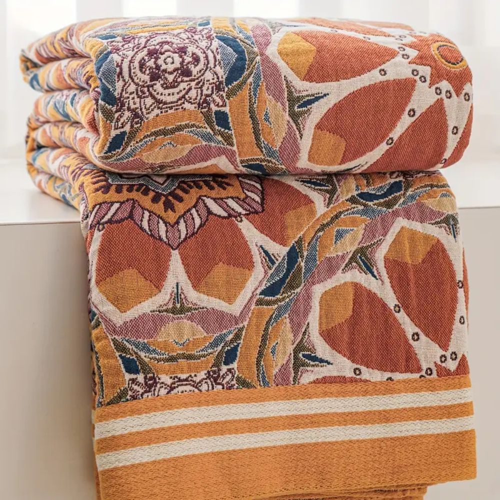 Flora Tone Cotton Blanket With Boho Design, Lightweight Comfort For All Seasons