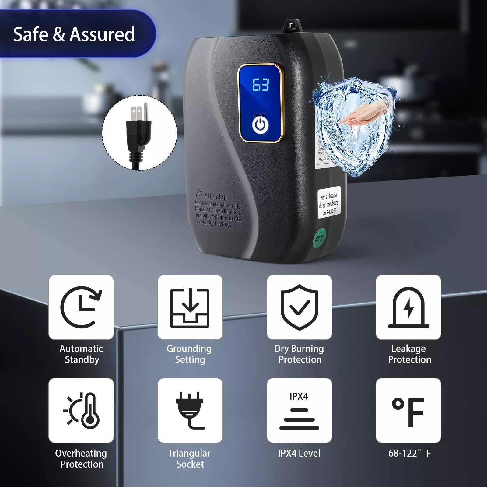 Space-Saving Tankless Electric Water Heater With LED Display For On-Demand Hot Water