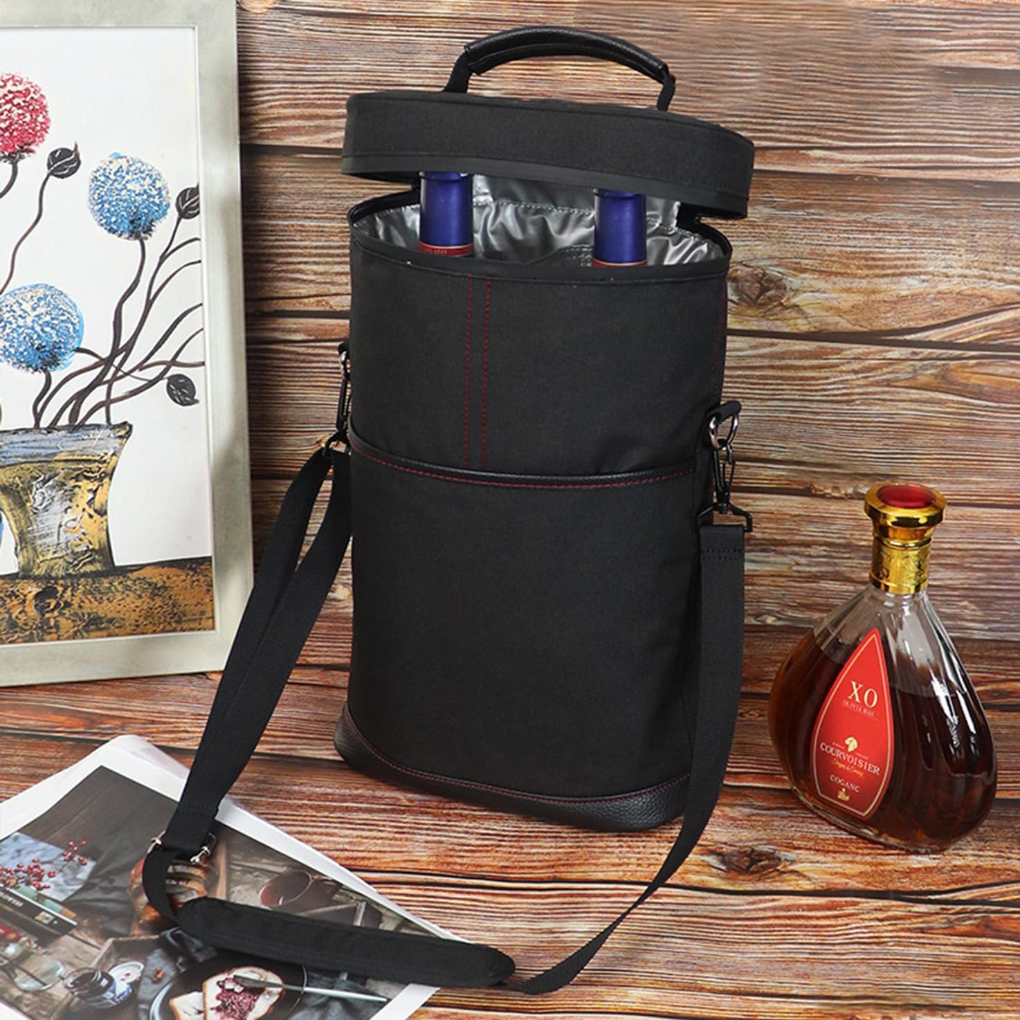 Thermal Wine Tote That Holds Two Bottles With Adjustable Strap Durable Canvas Carrier