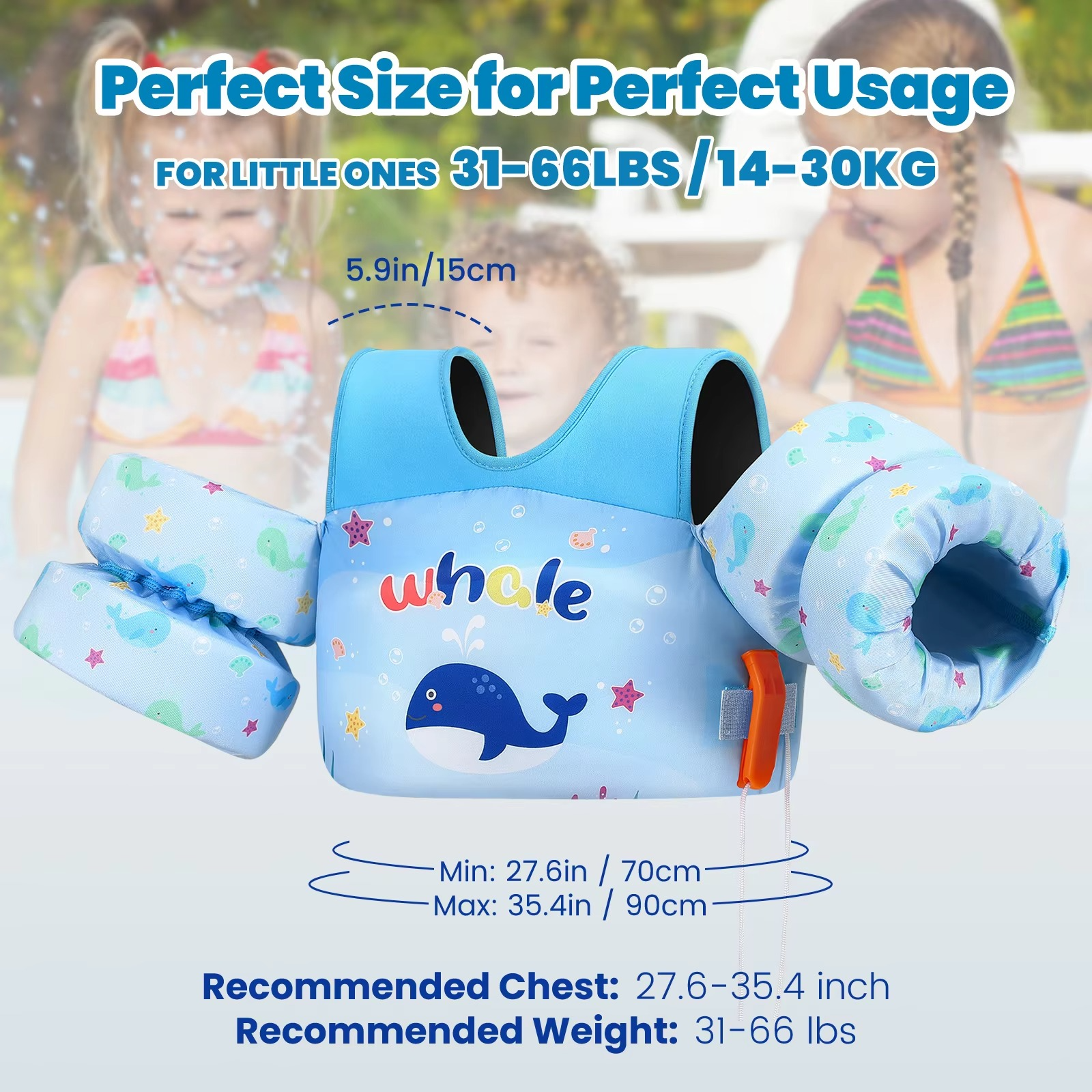 Swimming Vest For Kids With Foam Padding Arm Bands And Whistle