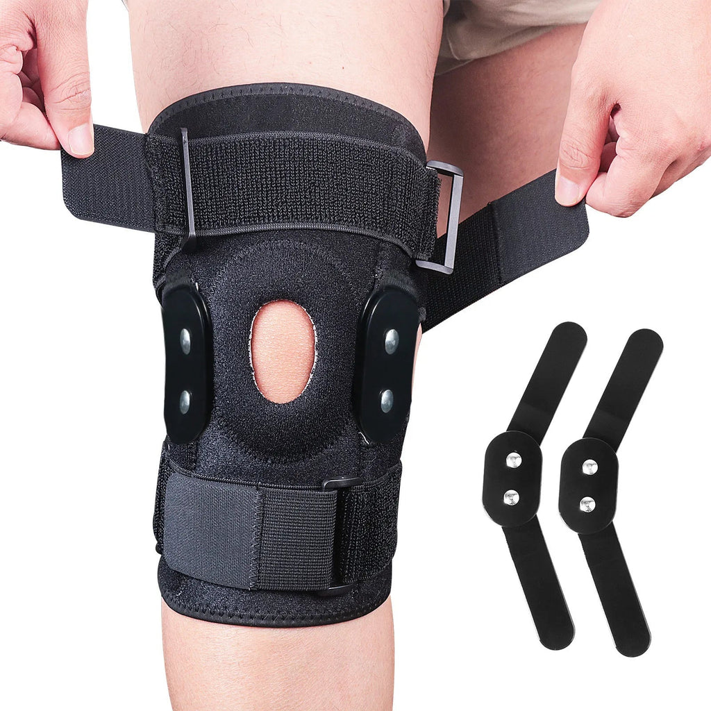 Sports Knee Brace With Adjustable Hinges And Side Stabilizers For Recovery