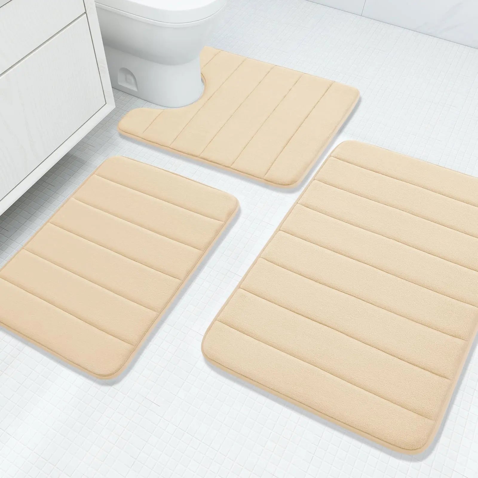 Velvet Memory Foam Bath Rug Set With Non-Slip Backing, 3-Piece Water-Absorbent Comfort