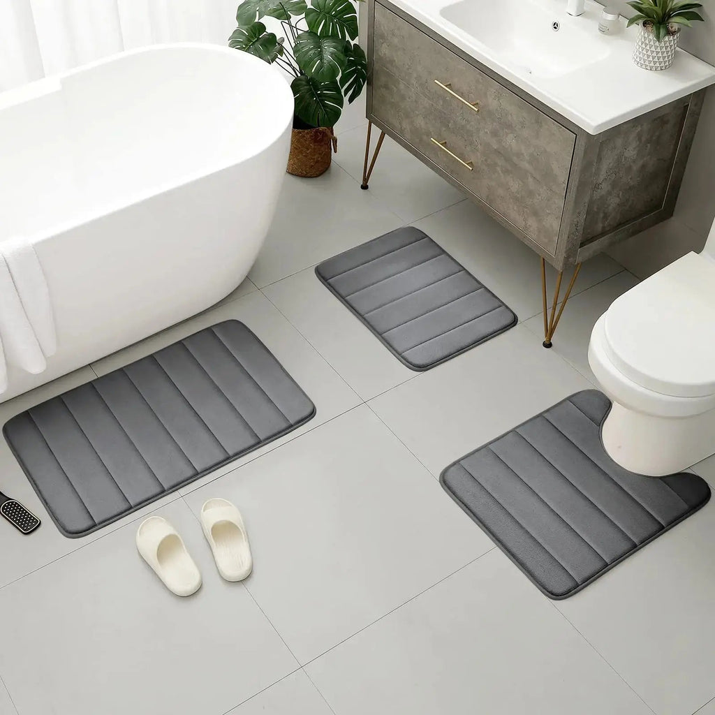 Velvet Memory Foam Bath Rug Set With Non-Slip Backing, 3-Piece Water-Absorbent Comfort