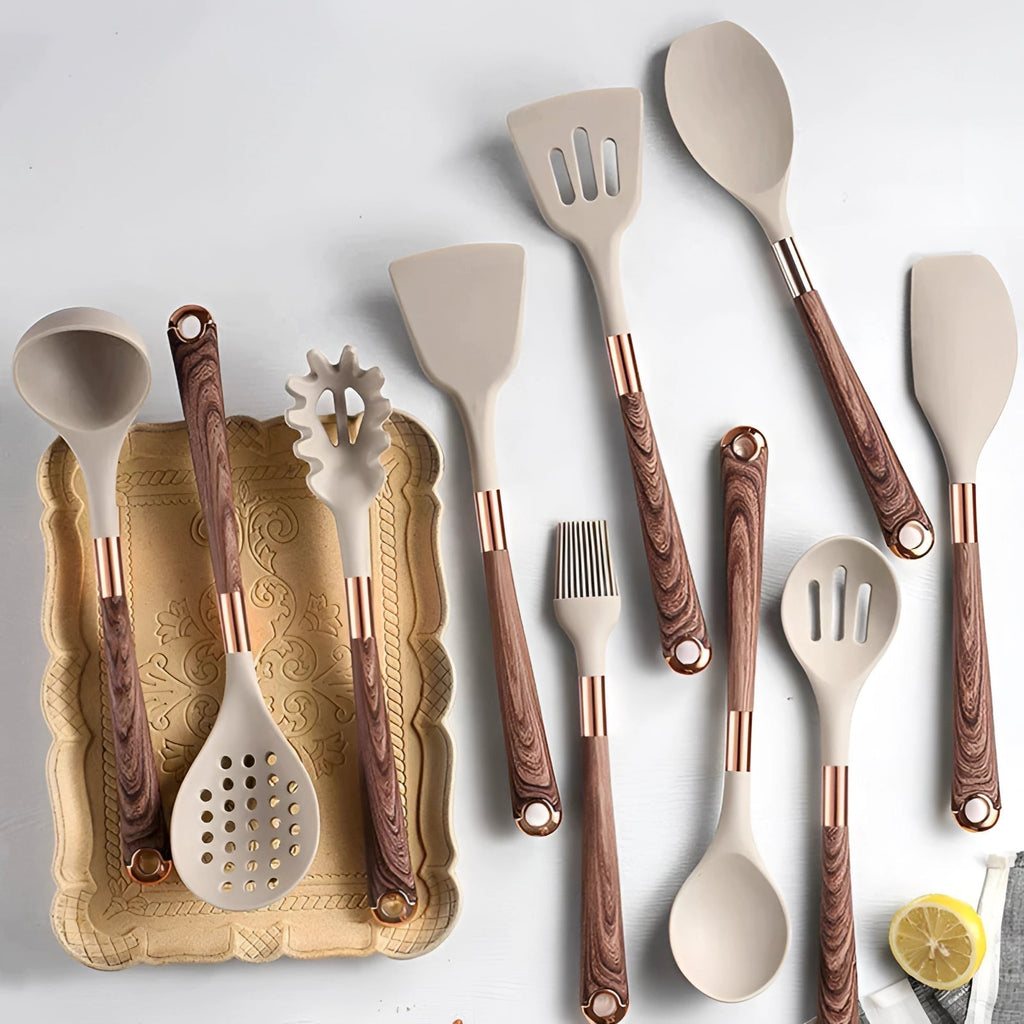 Premium 10-Piece Silicone Kitchen Tools With Copper And Wood Handles Ergonomic Set