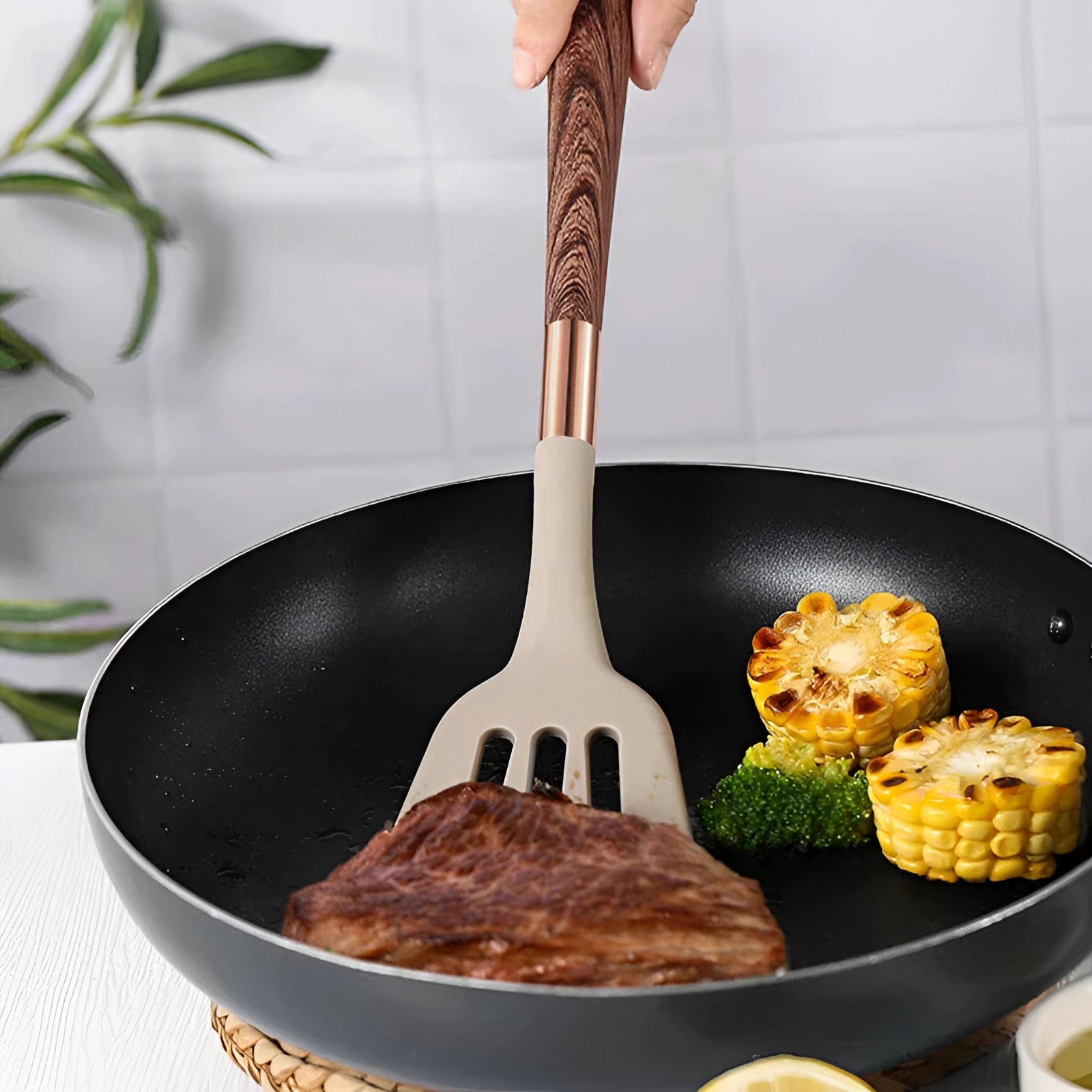 Premium 10-Piece Silicone Kitchen Tools With Copper And Wood Handles Ergonomic Set